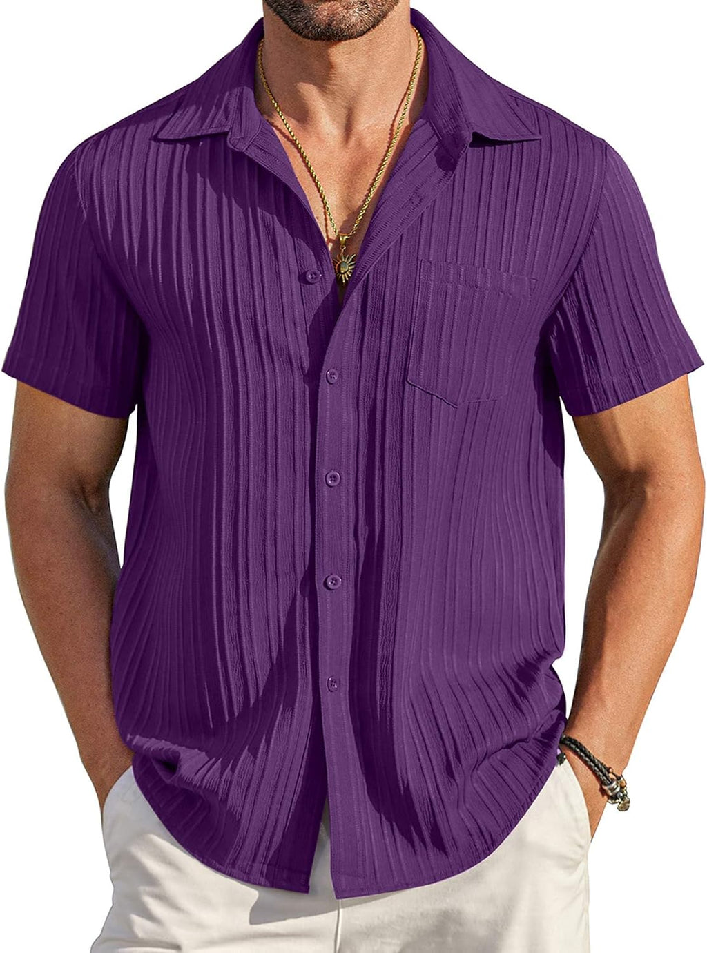 COOFANDY Men's Summer Linen Shirts Short Sleeve Button Down Shirts for Men Fashion Beach Casual Shirt A-White