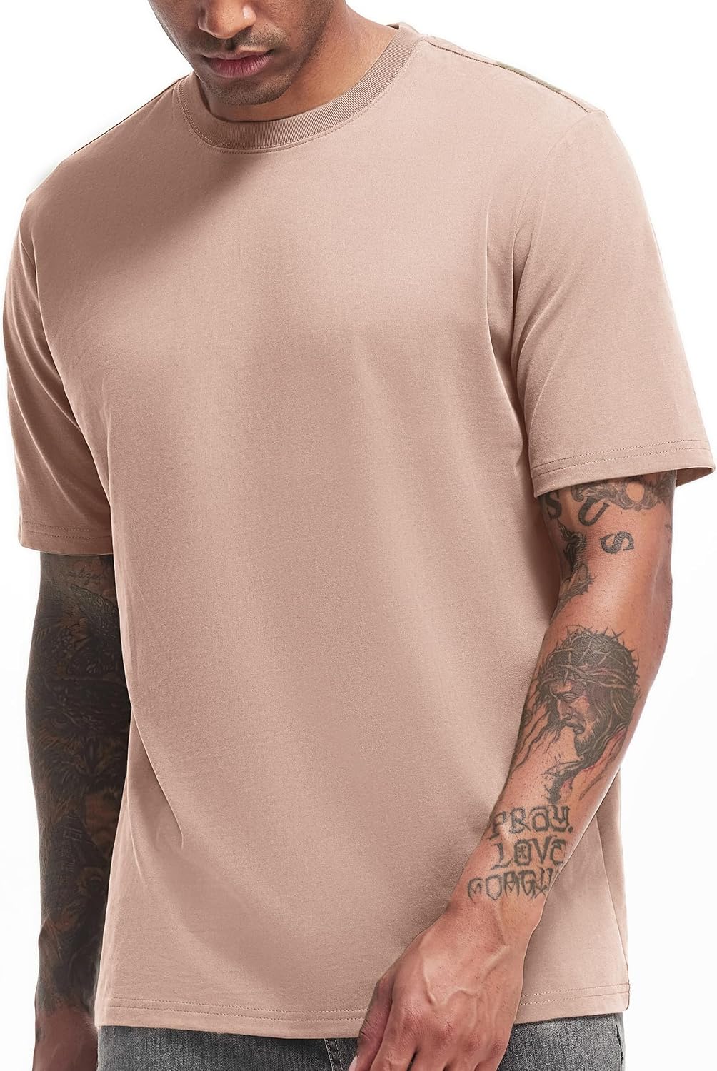VEIISAR Men's Heavy Weight Crew Neck T-Shirt Mens Premium Cotton Tee Khaki XL