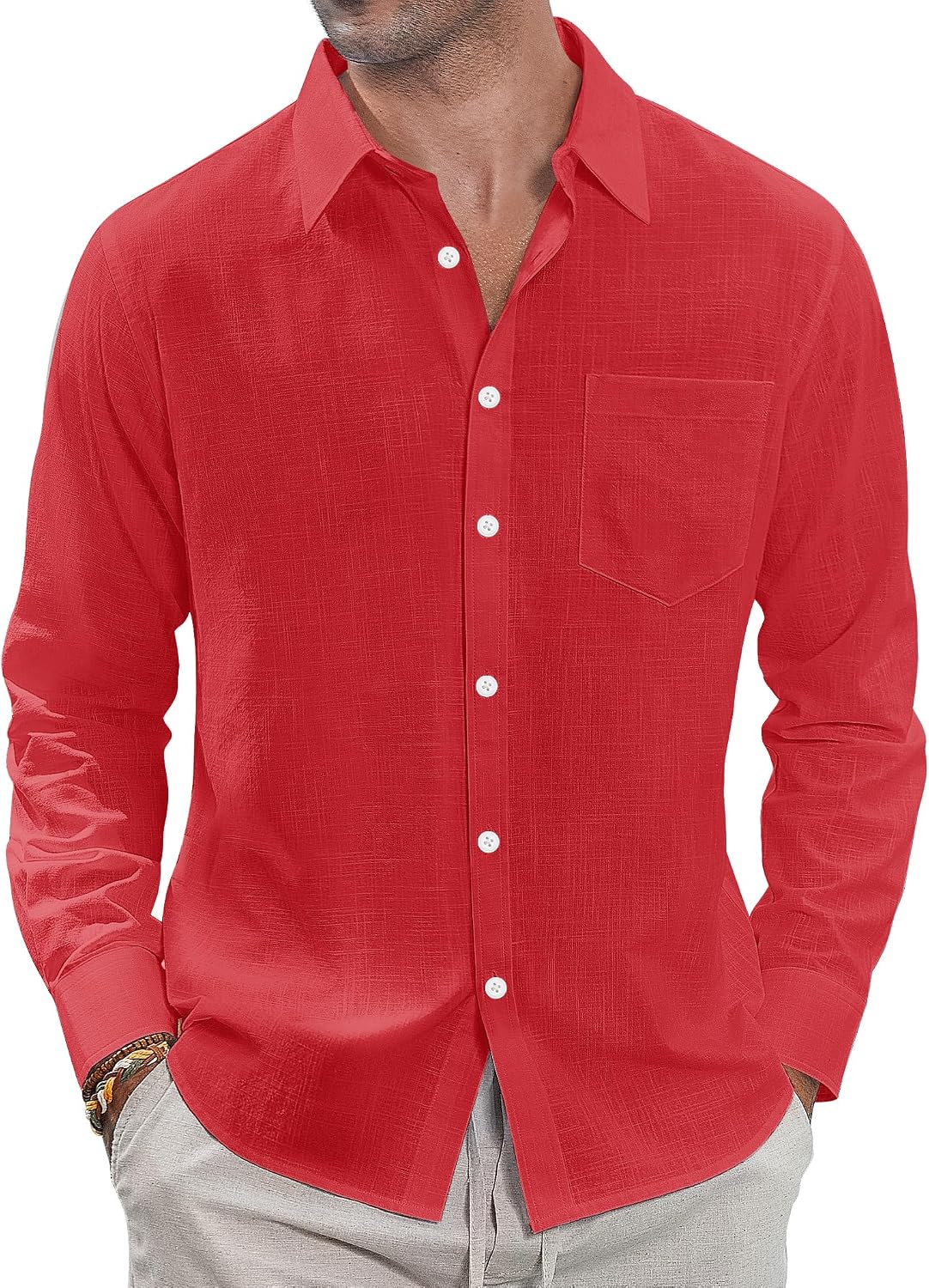 J.VER Men's Long Sleeve Linen Cotton Shirts Casual Button Down Shirt Summer Beach Tops with Pocket White Large