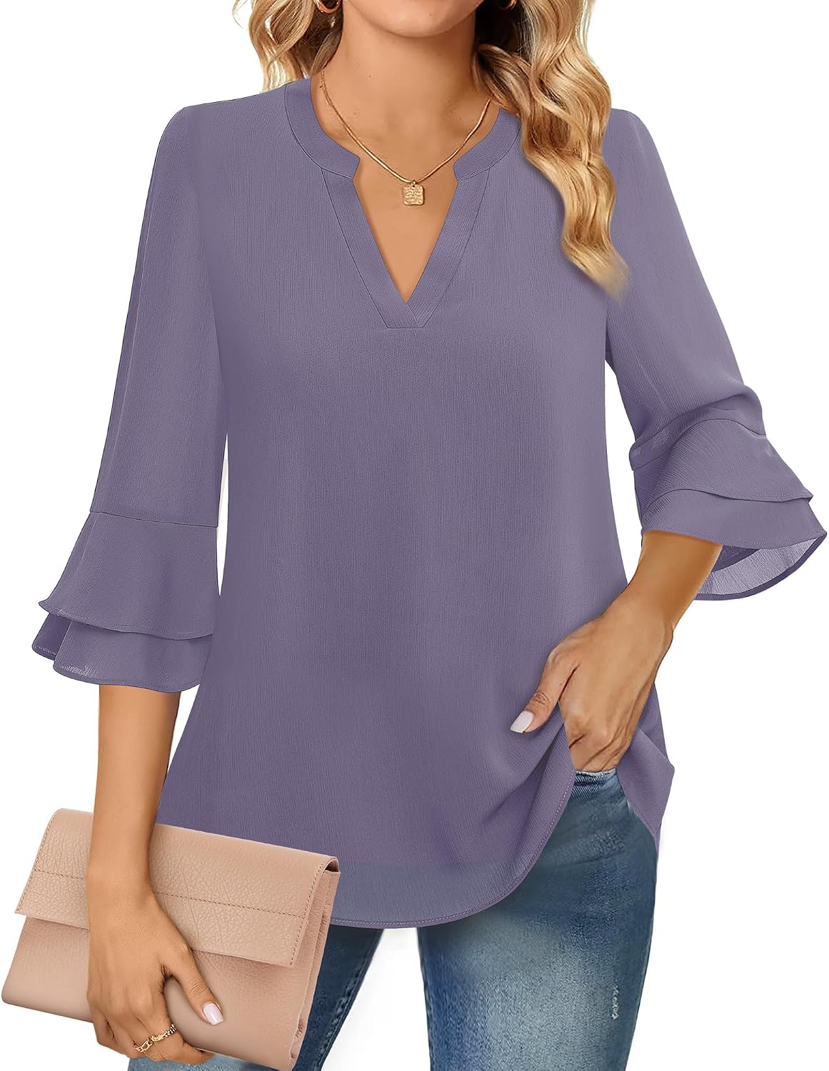 Chiffon Blouse - 3/4 Sleeve Womens Tops - Blouses for Women Business Casual Professional Formal Tops Junior Job Interview Clothing Spring Peasant Funeral Attire