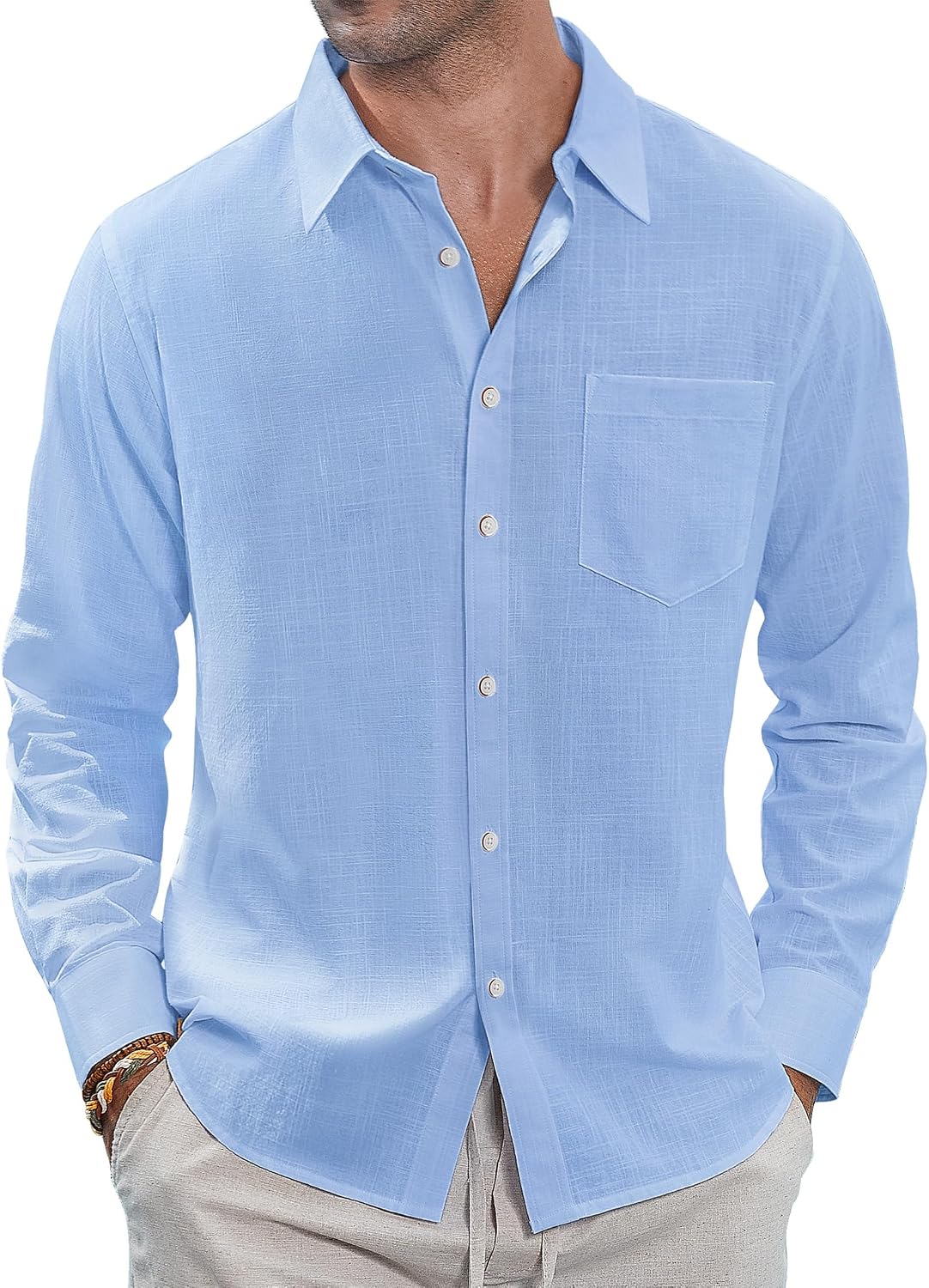 J.VER Men's Long Sleeve Linen Cotton Shirts Casual Button Down Shirt Summer Beach Tops with Pocket White Large