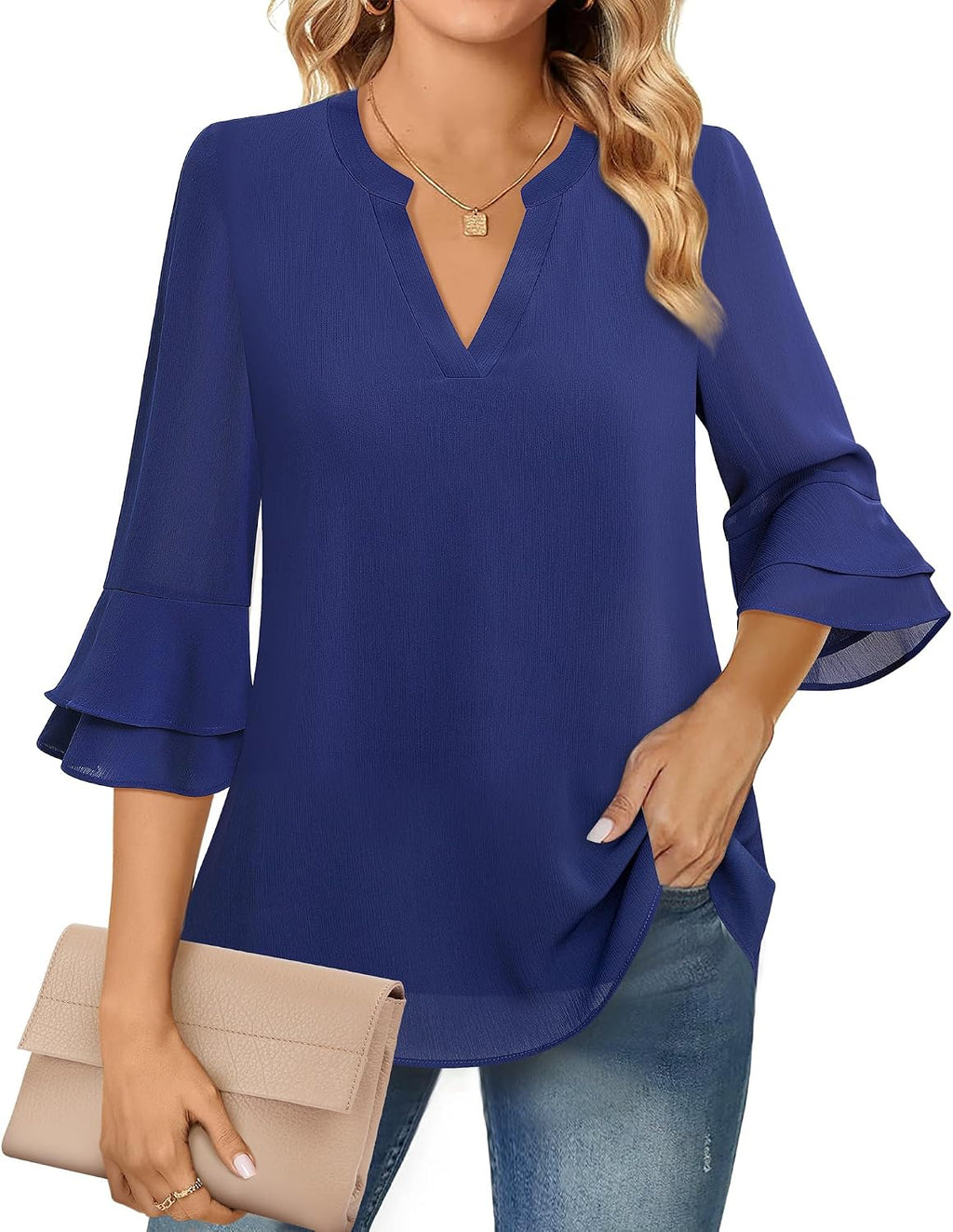 Chiffon Blouse - 3/4 Sleeve Womens Tops - Blouses for Women Business Casual Professional Formal Tops Junior Job Interview Clothing Spring Peasant Funeral Attire