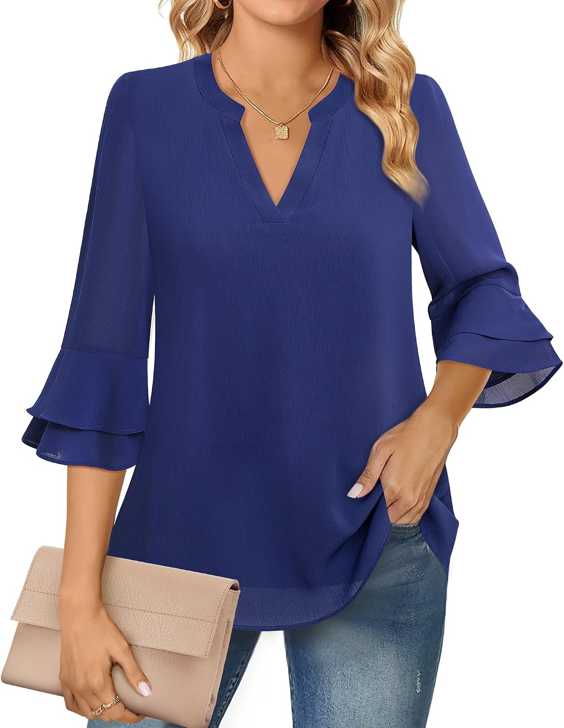 Chiffon Blouse - 3/4 Sleeve Womens Tops - Blouses for Women Business Casual Professional Formal Tops Junior Job Interview Clothing Spring Peasant Funeral Attire