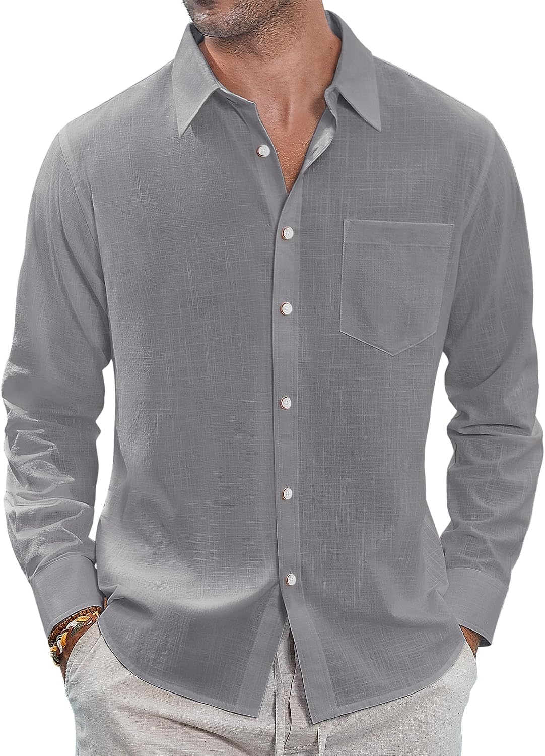 J.VER Men's Long Sleeve Linen Cotton Shirts Casual Button Down Shirt Summer Beach Tops with Pocket White Large
