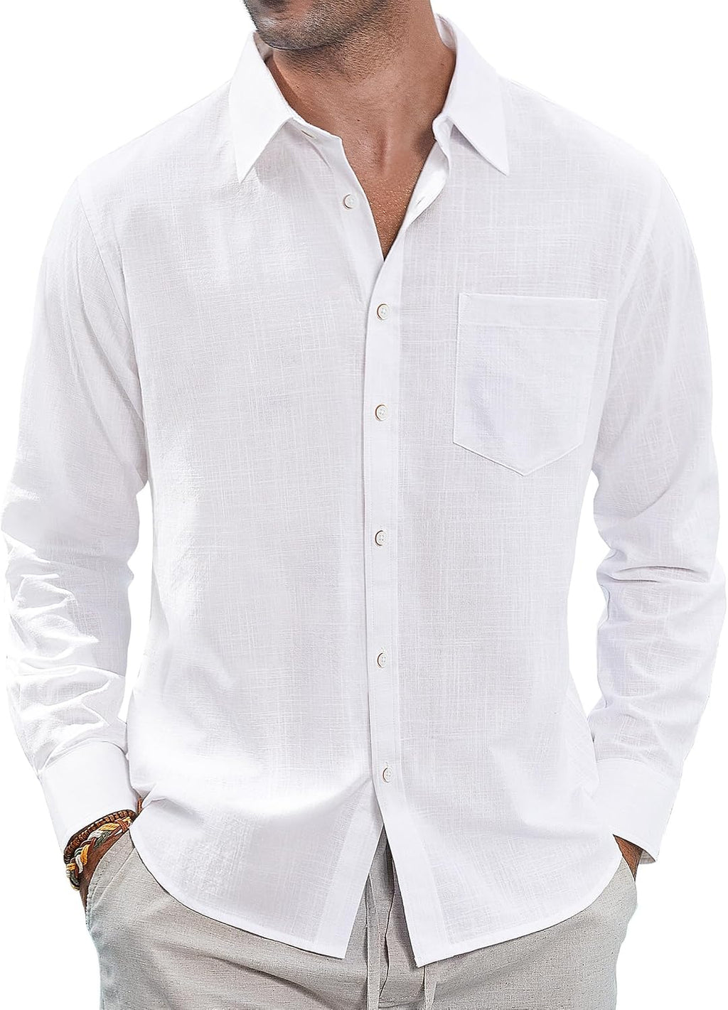 J.VER Men's Long Sleeve Linen Cotton Shirts Casual Button Down Shirt Summer Beach Tops with Pocket White Large