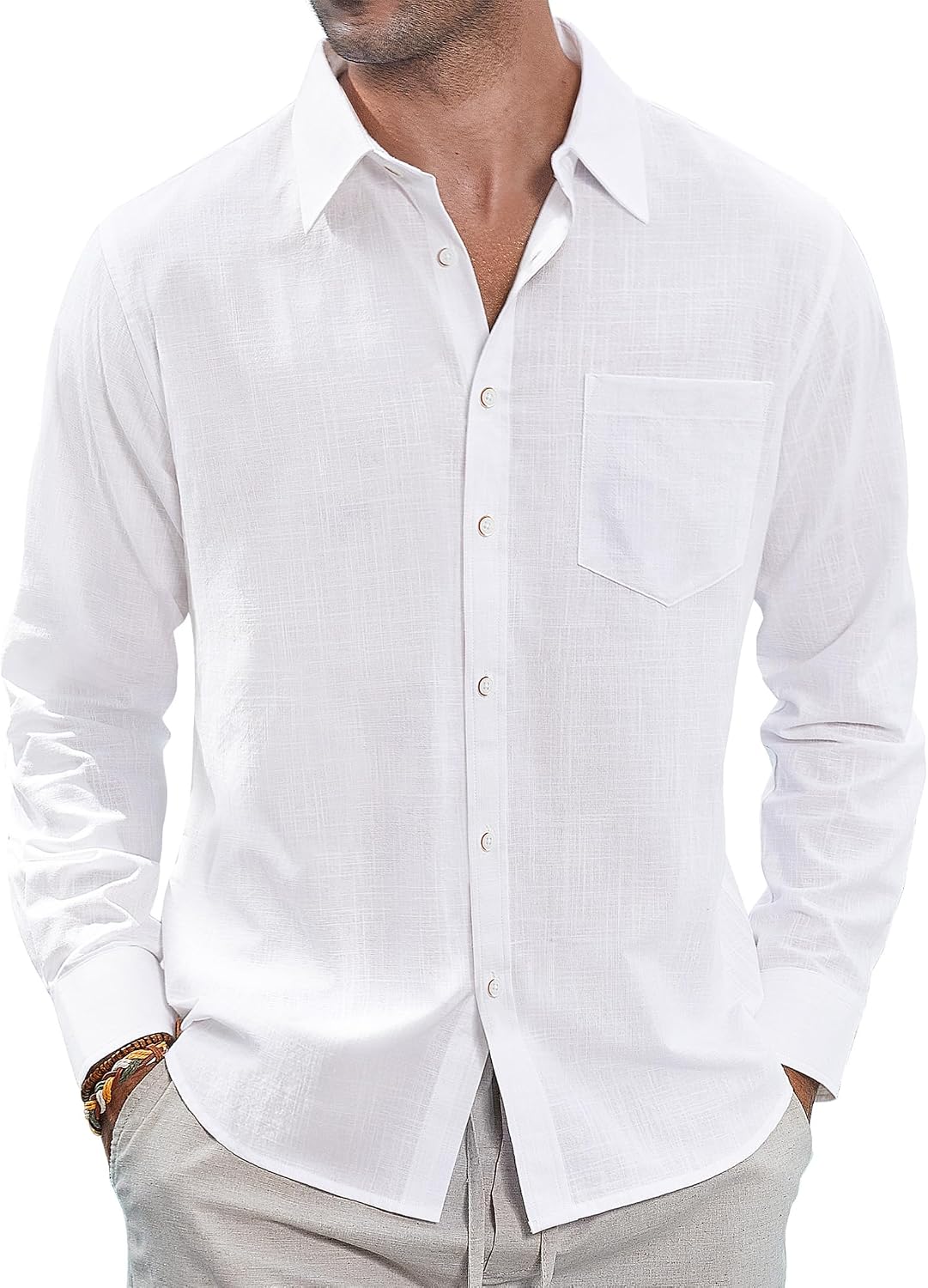 J.VER Men's Long Sleeve Linen Cotton Shirts Casual Button Down Shirt Summer Beach Tops with Pocket White Large