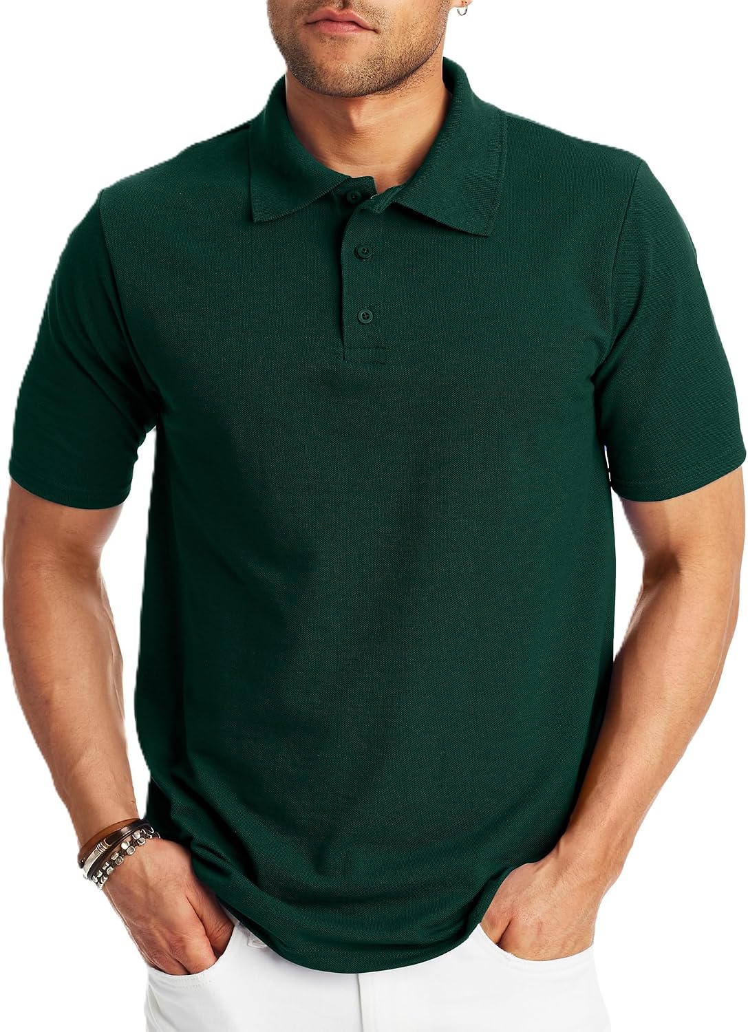 Hanes Mens Pique Short Sleeve Polo Shirt. Three-button Midweight For. Black. Medium US