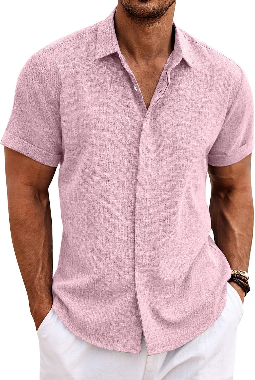 COOFANDY Men's Linen Wedding Shirts - Short Sleeve. Button Up. Casual. Relaxed-Fit Dark Grey