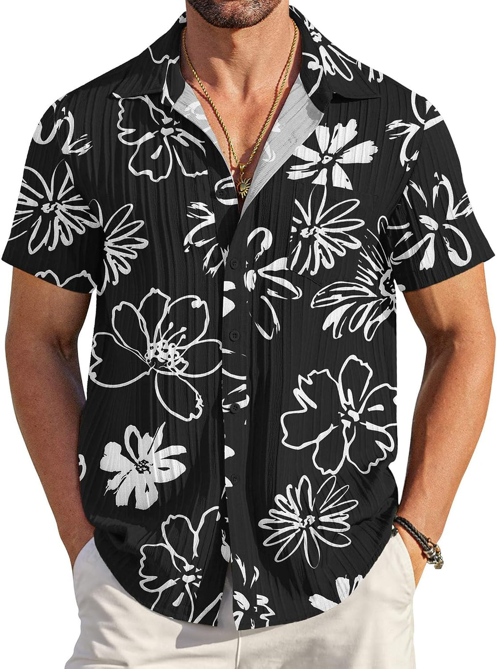 COOFANDY Men's Summer Linen Shirts Short Sleeve Button Down Shirts for Men Fashion Beach Casual Shirt A-White