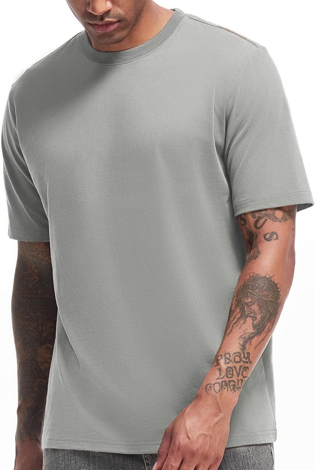 VEIISAR Men's Heavy Weight Crew Neck T-Shirt Mens Premium Cotton Tee Khaki XL