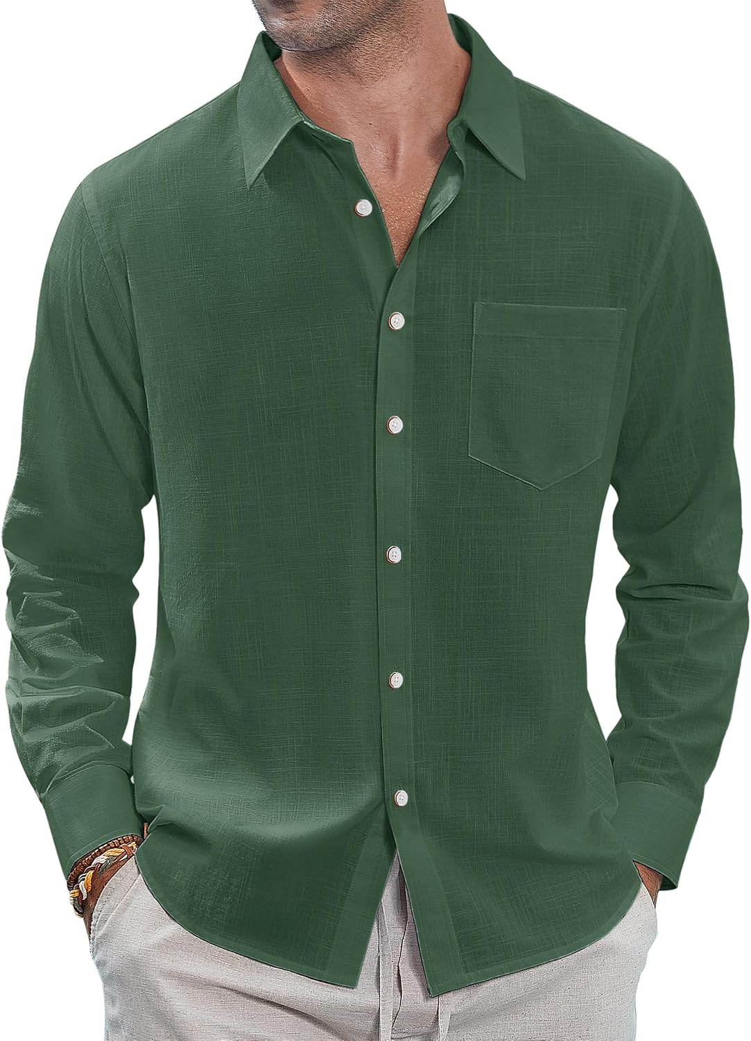 J.VER Men's Long Sleeve Linen Cotton Shirts Casual Button Down Shirt Summer Beach Tops with Pocket White Large