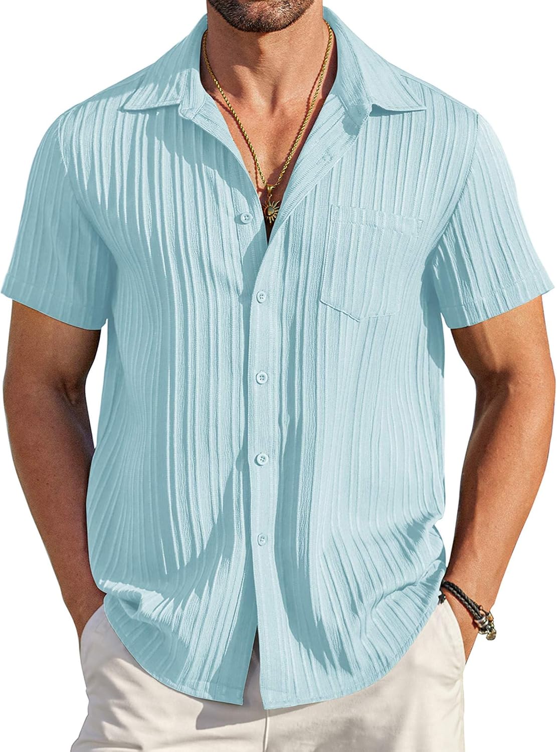COOFANDY Men's Summer Linen Shirts Short Sleeve Button Down Shirts for Men Fashion Beach Casual Shirt A-White