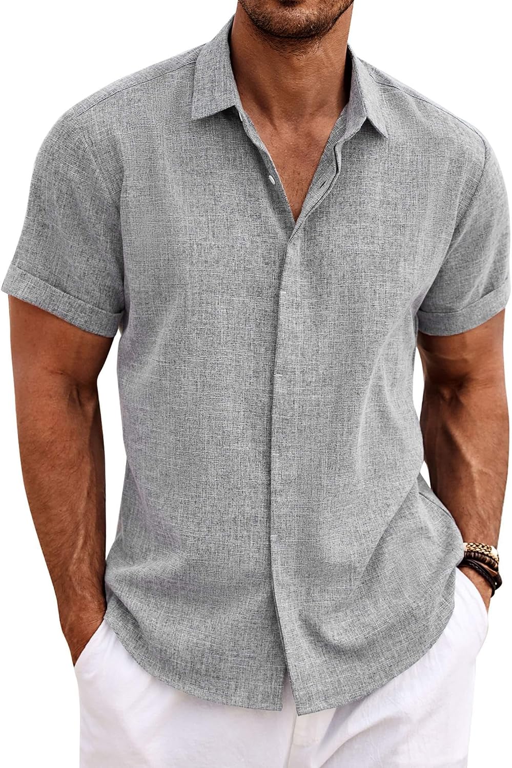 COOFANDY Men's Linen Wedding Shirts - Short Sleeve. Button Up. Casual. Relaxed-Fit Dark Grey