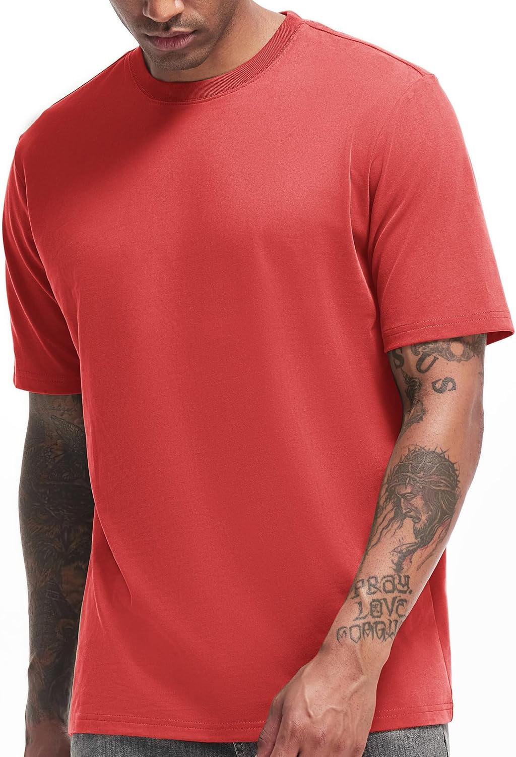 VEIISAR Men's Heavy Weight Crew Neck T-Shirt Mens Premium Cotton Tee Khaki XL