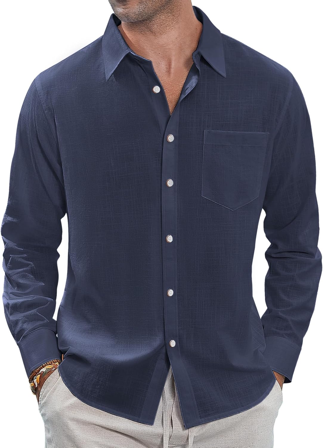 J.VER Men's Long Sleeve Linen Cotton Shirts Casual Button Down Shirt Summer Beach Tops with Pocket White Large