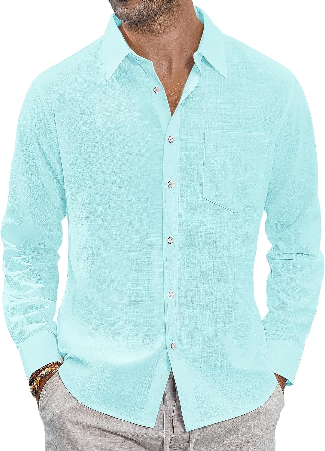 J.VER Men's Long Sleeve Linen Cotton Shirts Casual Button Down Shirt Summer Beach Tops with Pocket White Large