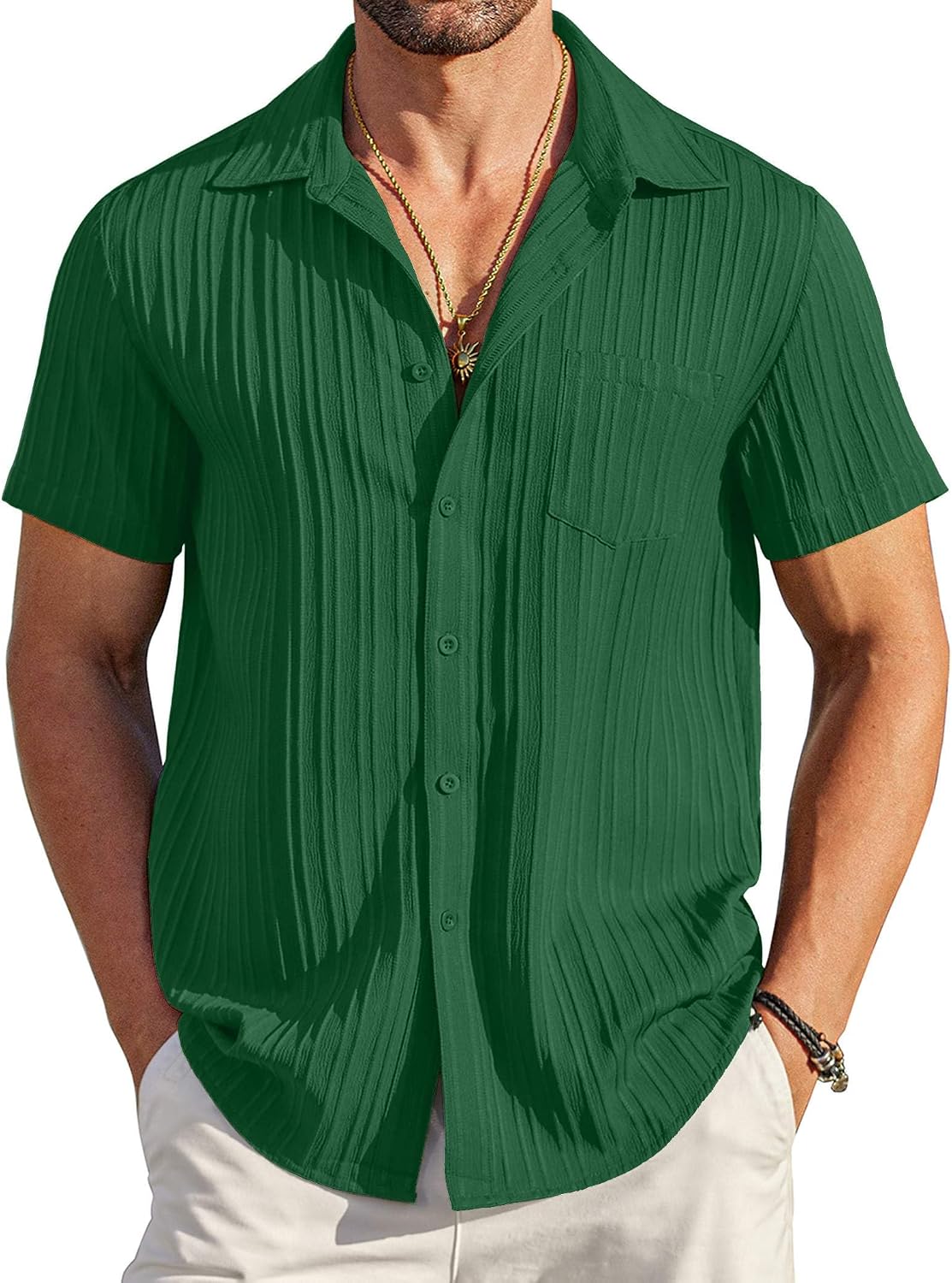 COOFANDY Men's Summer Linen Shirts Short Sleeve Button Down Shirts for Men Fashion Beach Casual Shirt A-White