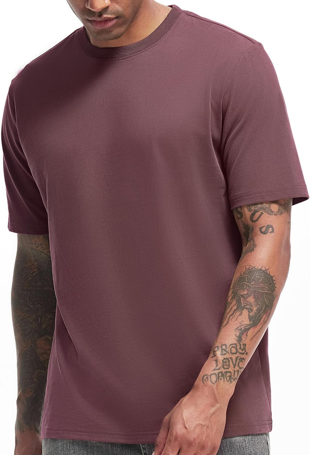 VEIISAR Men's Heavy Weight Crew Neck T-Shirt Mens Premium Cotton Tee Khaki XL