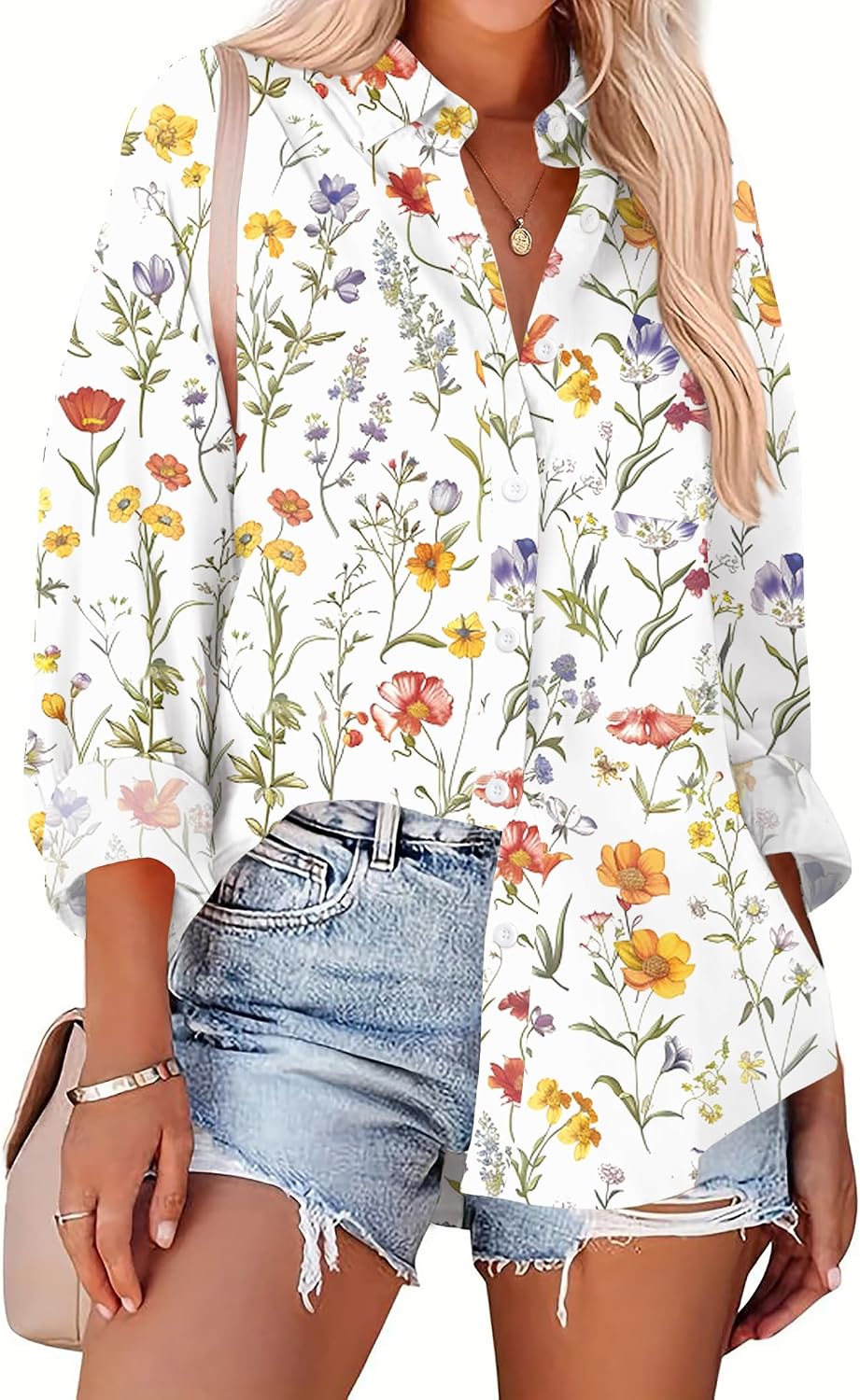 Zeagoo Long Sleeve Button Down Shirt for Women White Boyfriend Turn-Down Collar Tops Casual Business Office Blouses L