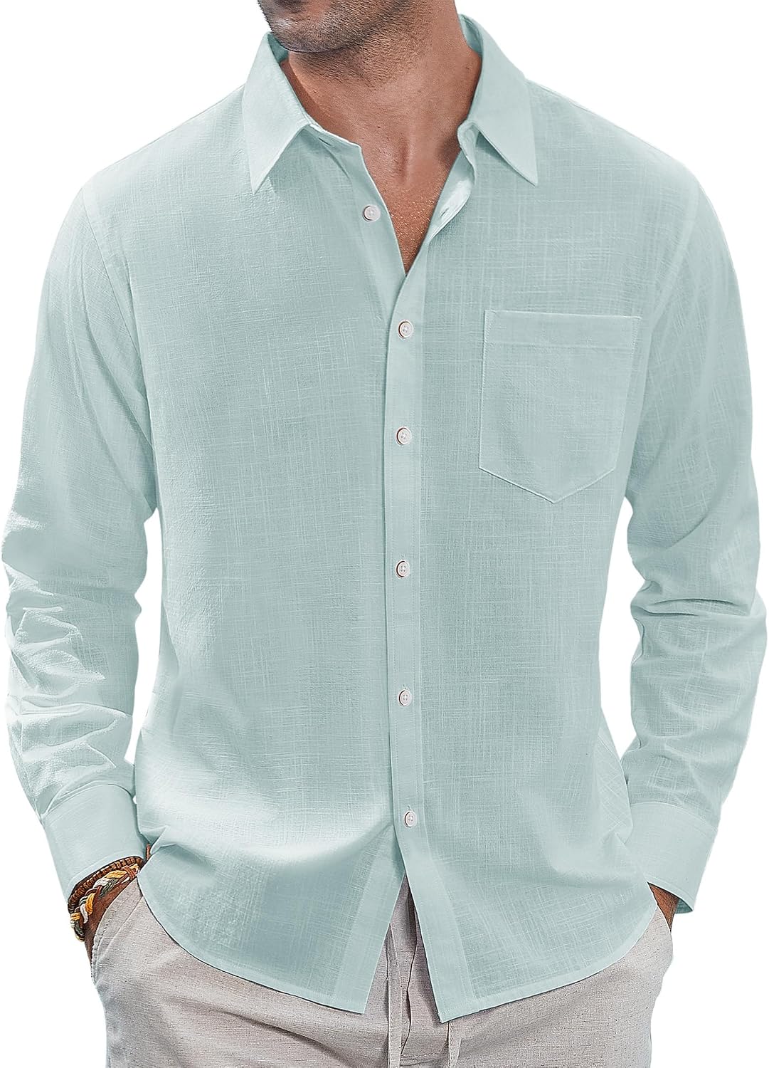 J.VER Men's Long Sleeve Linen Cotton Shirts Casual Button Down Shirt Summer Beach Tops with Pocket White Large