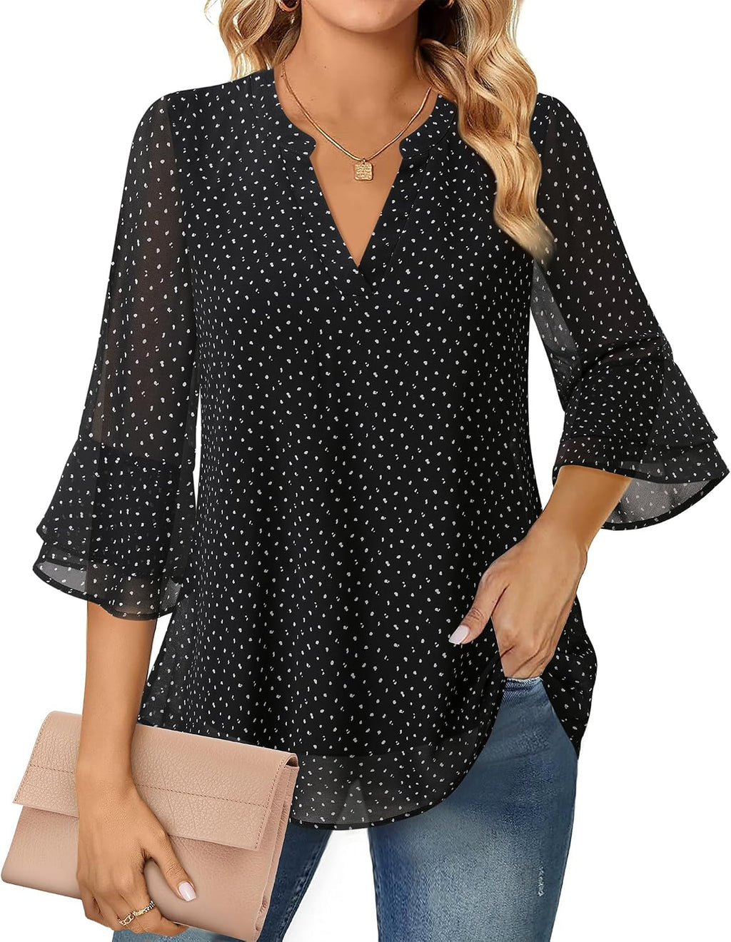Chiffon Blouse - 3/4 Sleeve Womens Tops - Blouses for Women Business Casual Professional Formal Tops Junior Job Interview Clothing Spring Peasant Funeral Attire