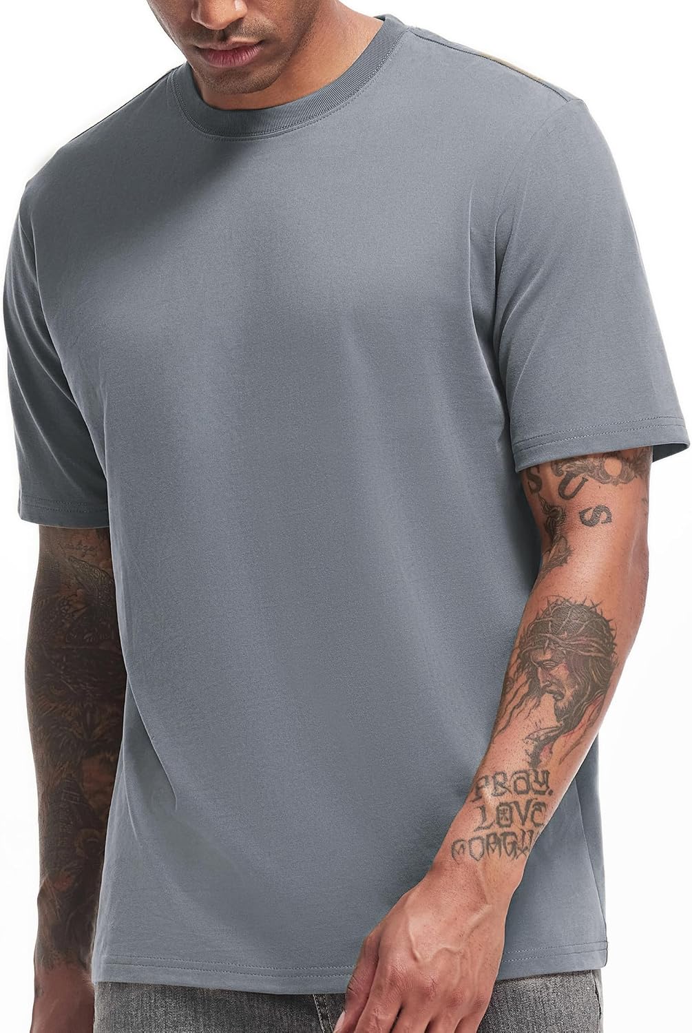 VEIISAR Men's Heavy Weight Crew Neck T-Shirt Mens Premium Cotton Tee Khaki XL