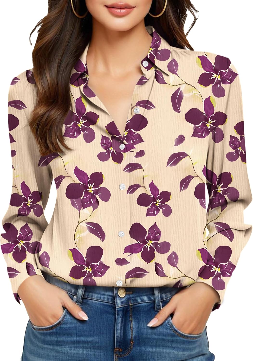 COUXILY Beige Dress Shirts Women Womens Blouse Button Down Up Silk Shirt Long Sleeve Blouses Collared Slim Wrinkle Free Fit Formal Tops for Casual Work Business Tunic Work Top Cream Size XL
