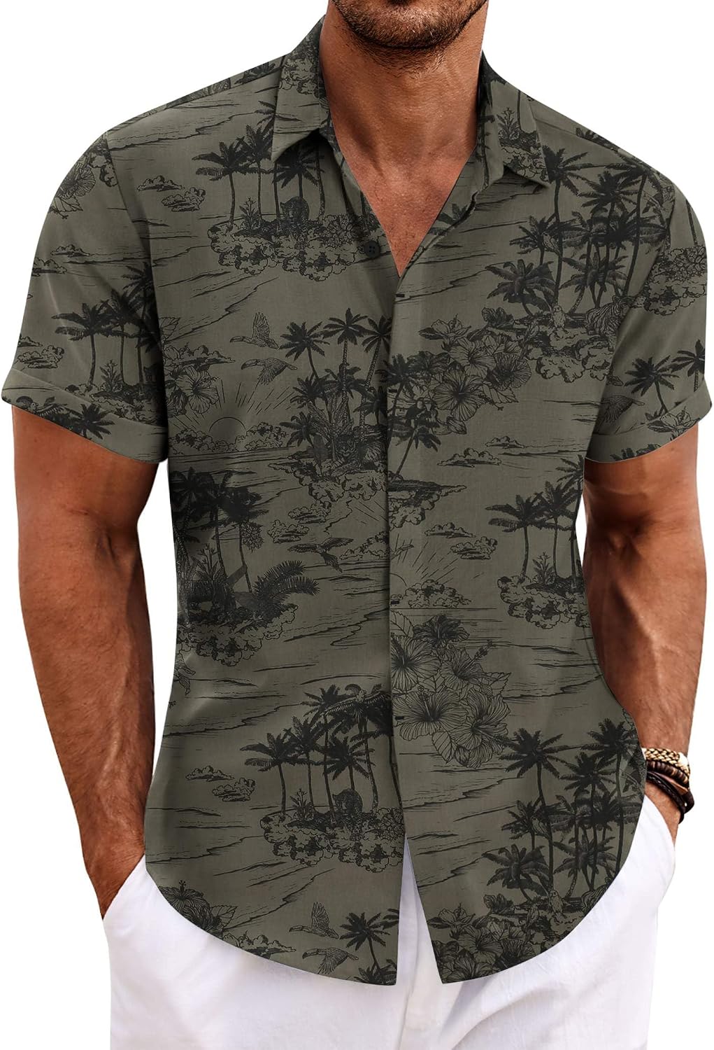 COOFANDY Men's Linen Wedding Shirts - Short Sleeve. Button Up. Casual. Relaxed-Fit Dark Grey