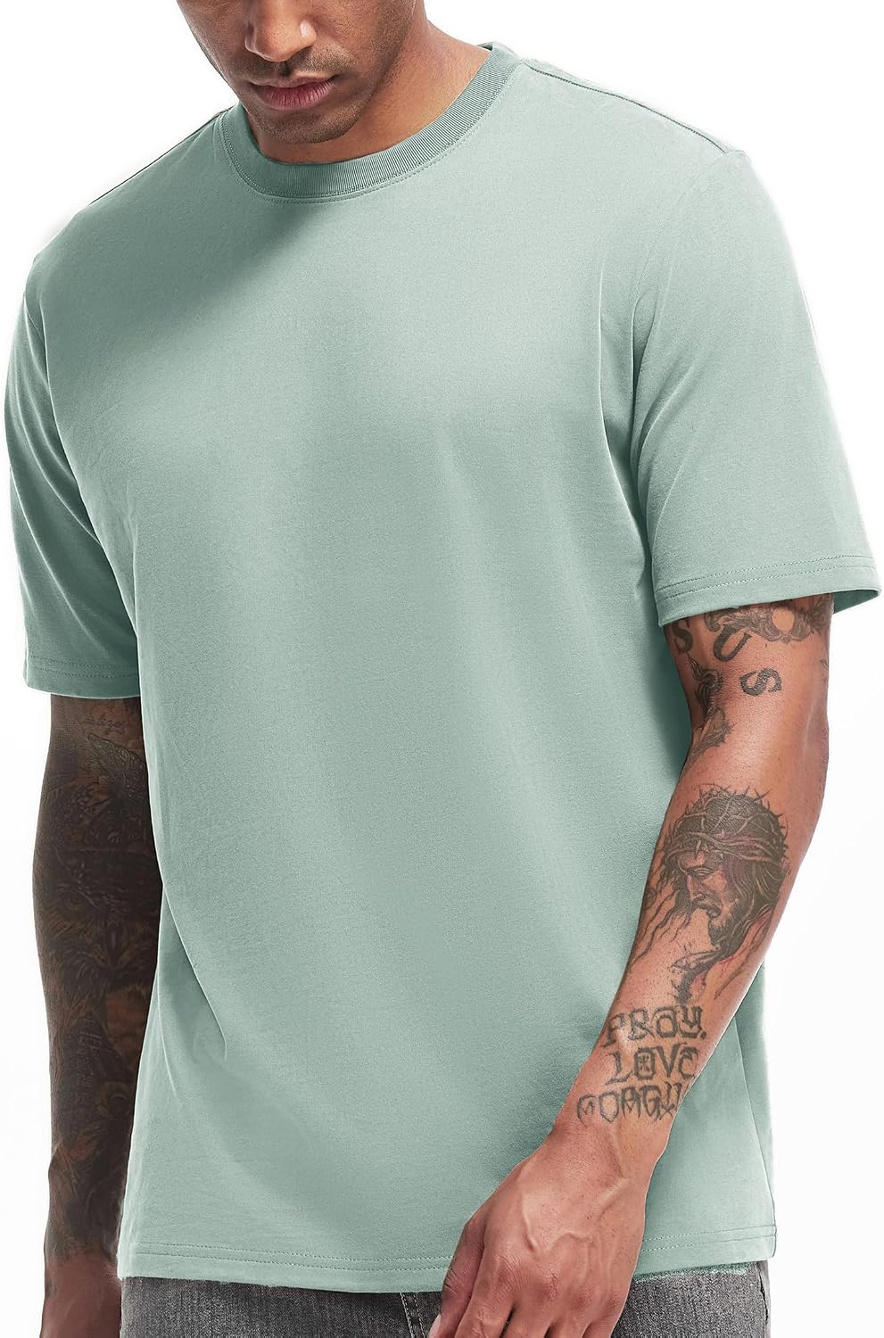 VEIISAR Men's Heavy Weight Crew Neck T-Shirt Mens Premium Cotton Tee Khaki XL