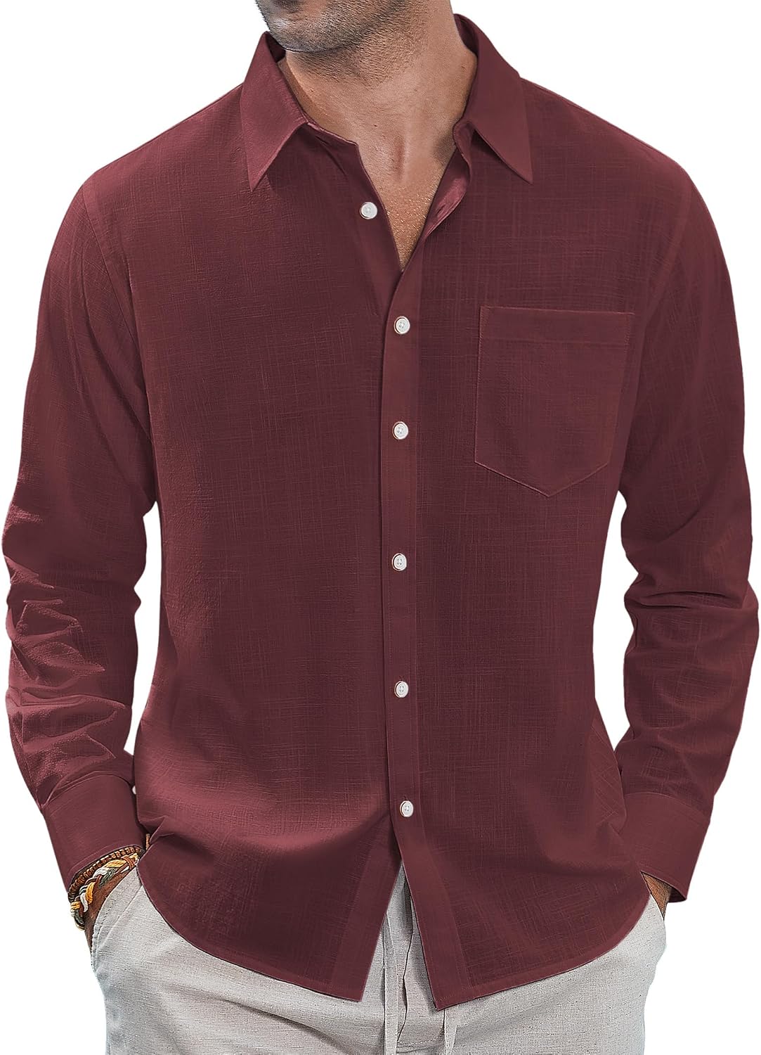 J.VER Men's Long Sleeve Linen Cotton Shirts Casual Button Down Shirt Summer Beach Tops with Pocket White Large