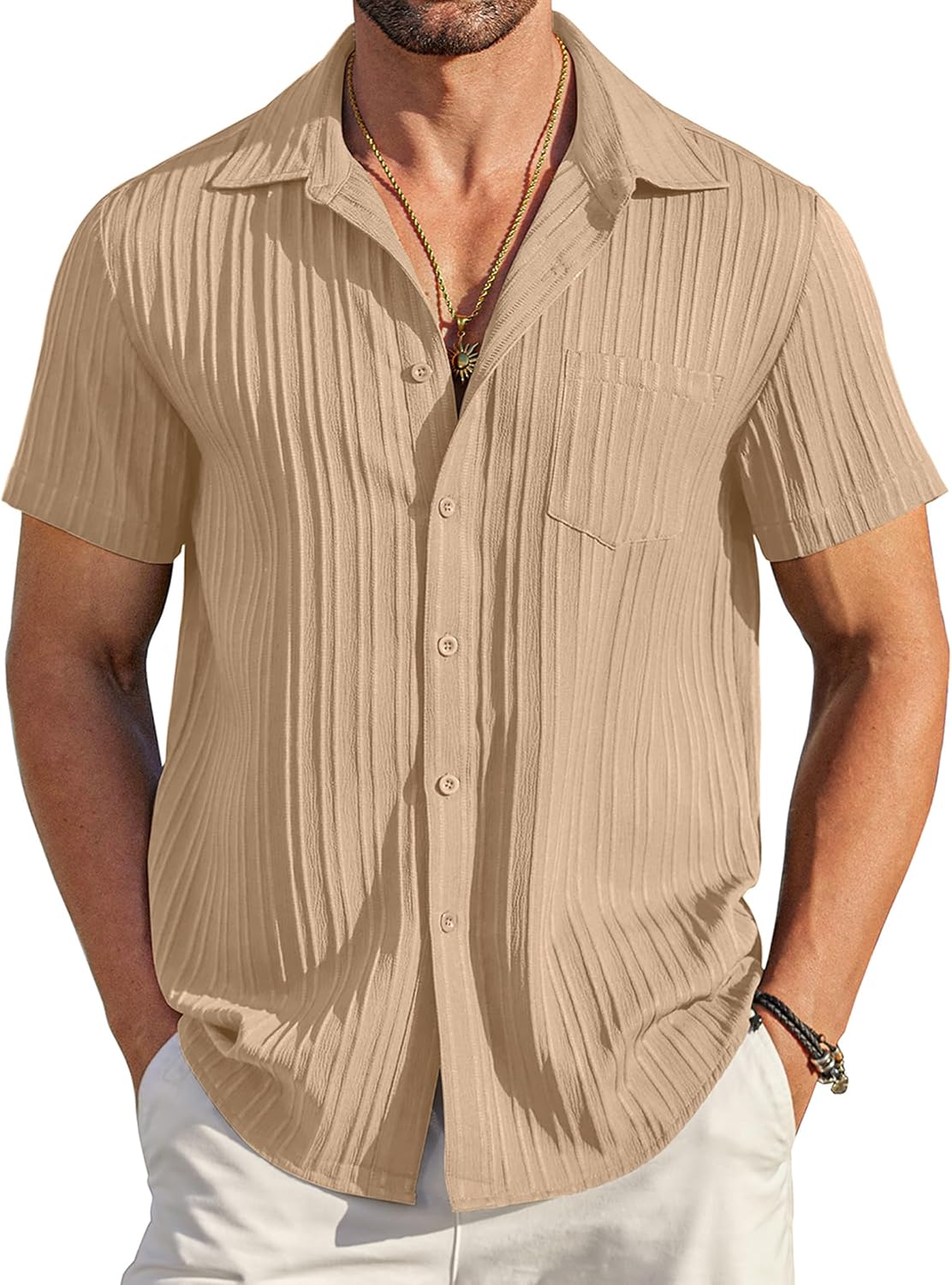 COOFANDY Men's Summer Linen Shirts Short Sleeve Button Down Shirts for Men Fashion Beach Casual Shirt A-White