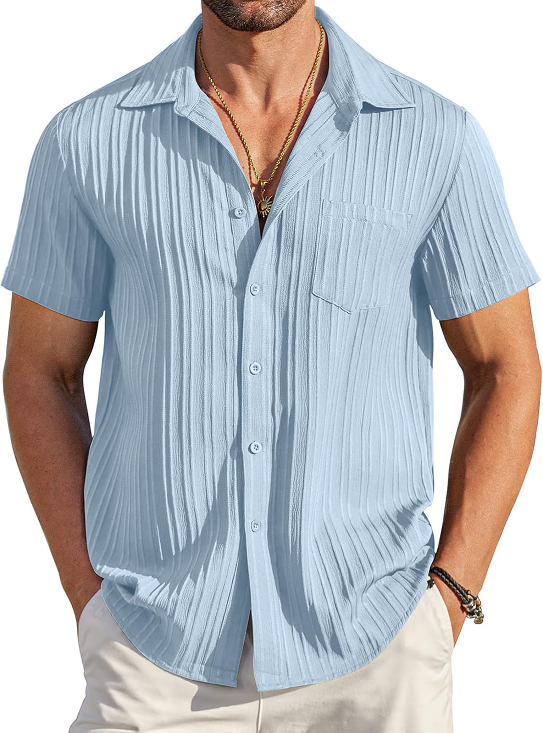 COOFANDY Men's Summer Linen Shirts Short Sleeve Button Down Shirts for Men Fashion Beach Casual Shirt A-White