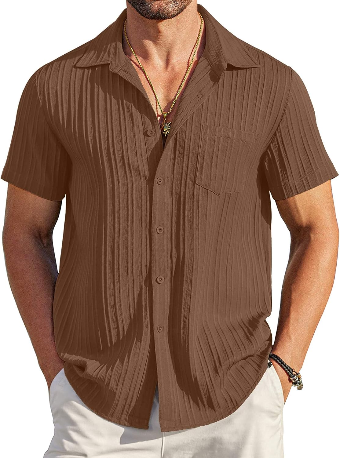 COOFANDY Men's Summer Linen Shirts Short Sleeve Button Down Shirts for Men Fashion Beach Casual Shirt A-White