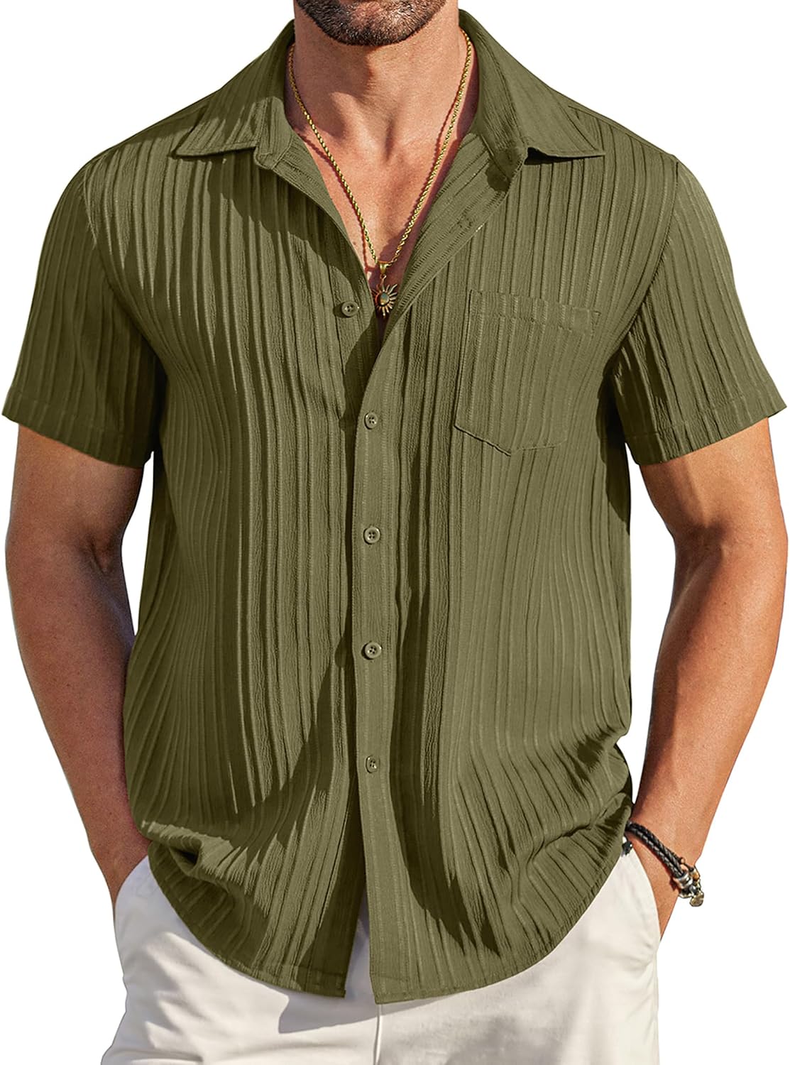 COOFANDY Men's Summer Linen Shirts Short Sleeve Button Down Shirts for Men Fashion Beach Casual Shirt A-White