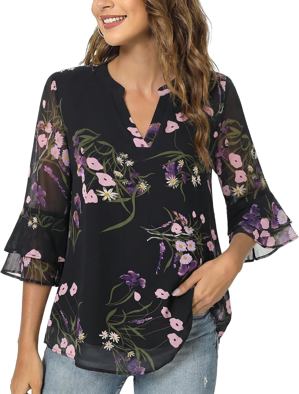 Chiffon Blouse - 3/4 Sleeve Womens Tops - Blouses for Women Business Casual Professional Formal Tops Junior Job Interview Clothing Spring Peasant Funeral Attire