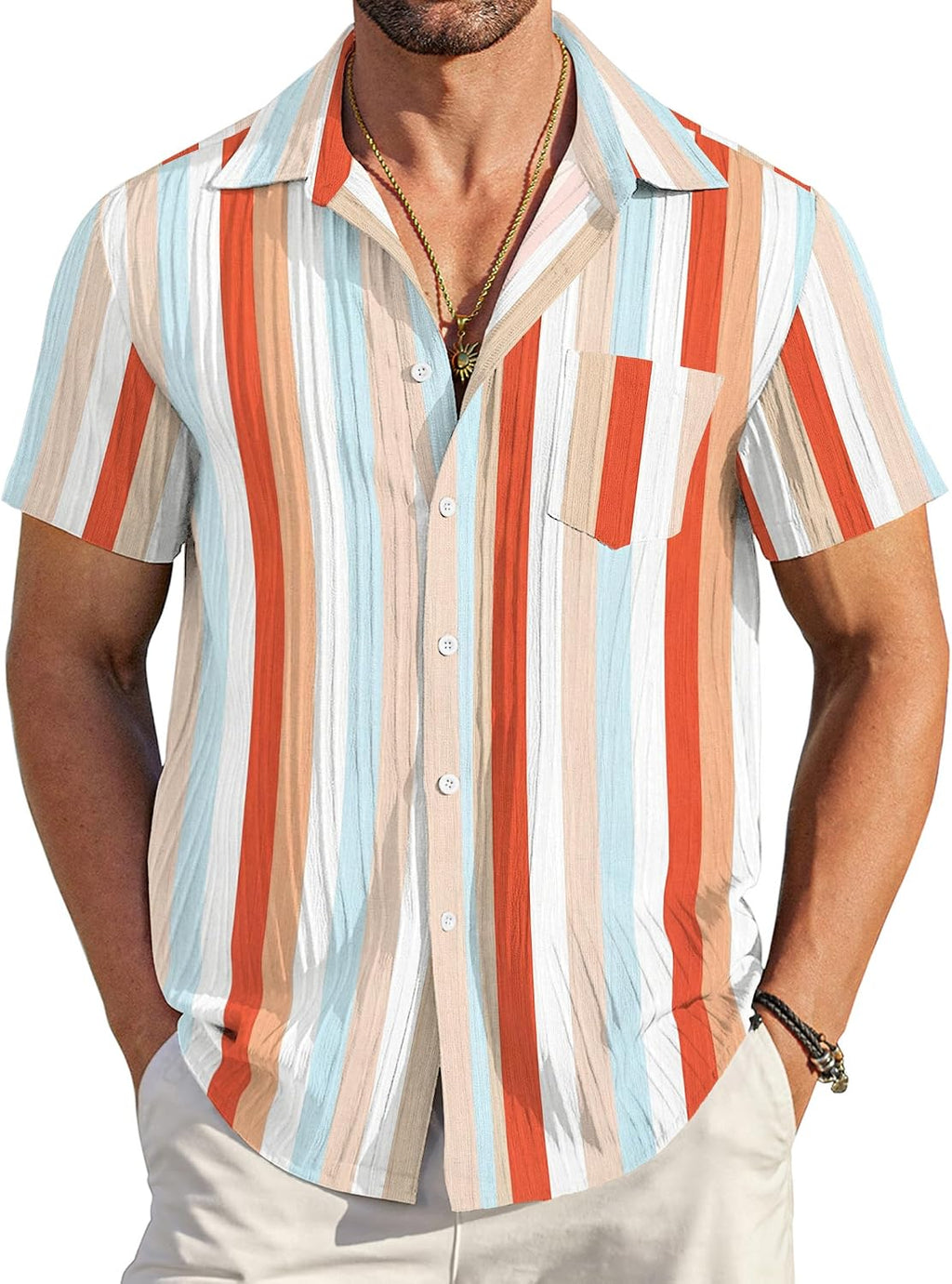 COOFANDY Men's Summer Linen Shirts Short Sleeve Button Down Shirts for Men Fashion Beach Casual Shirt A-White