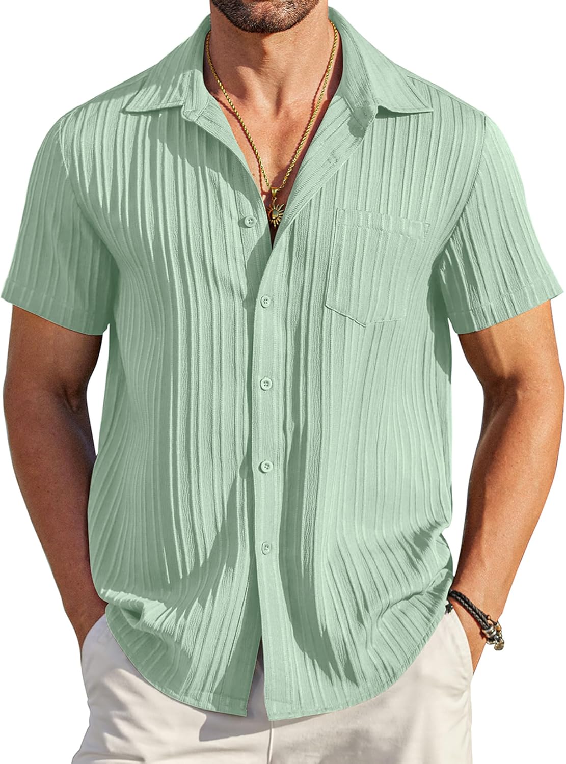 COOFANDY Men's Summer Linen Shirts Short Sleeve Button Down Shirts for Men Fashion Beach Casual Shirt A-White