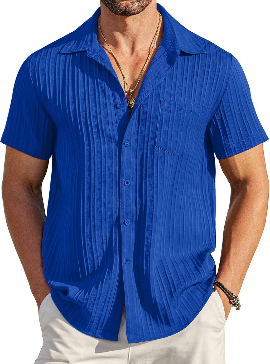 COOFANDY Men's Summer Linen Shirts Short Sleeve Button Down Shirts for Men Fashion Beach Casual Shirt A-White