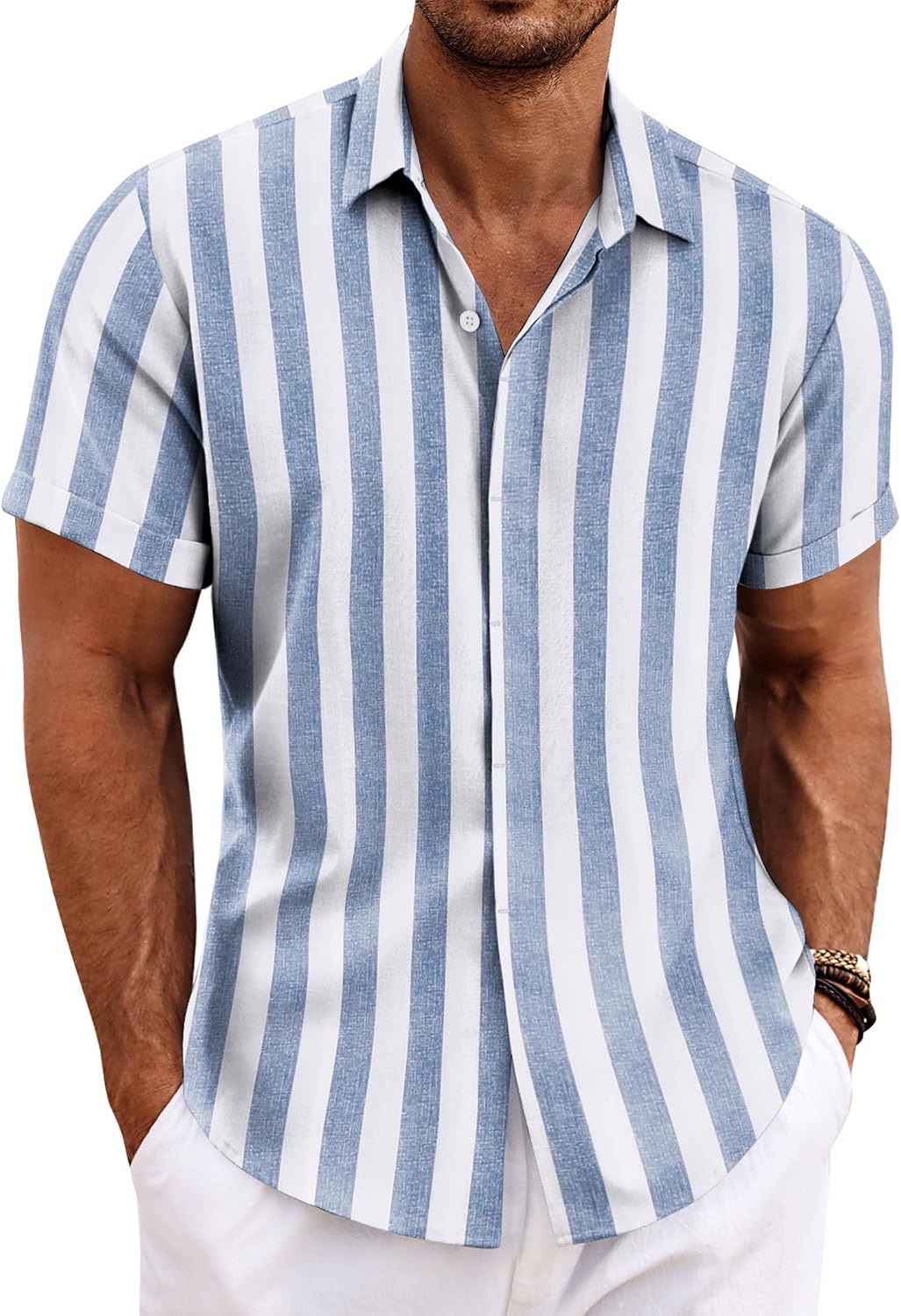 COOFANDY Men's Linen Wedding Shirts - Short Sleeve. Button Up. Casual. Relaxed-Fit Dark Grey