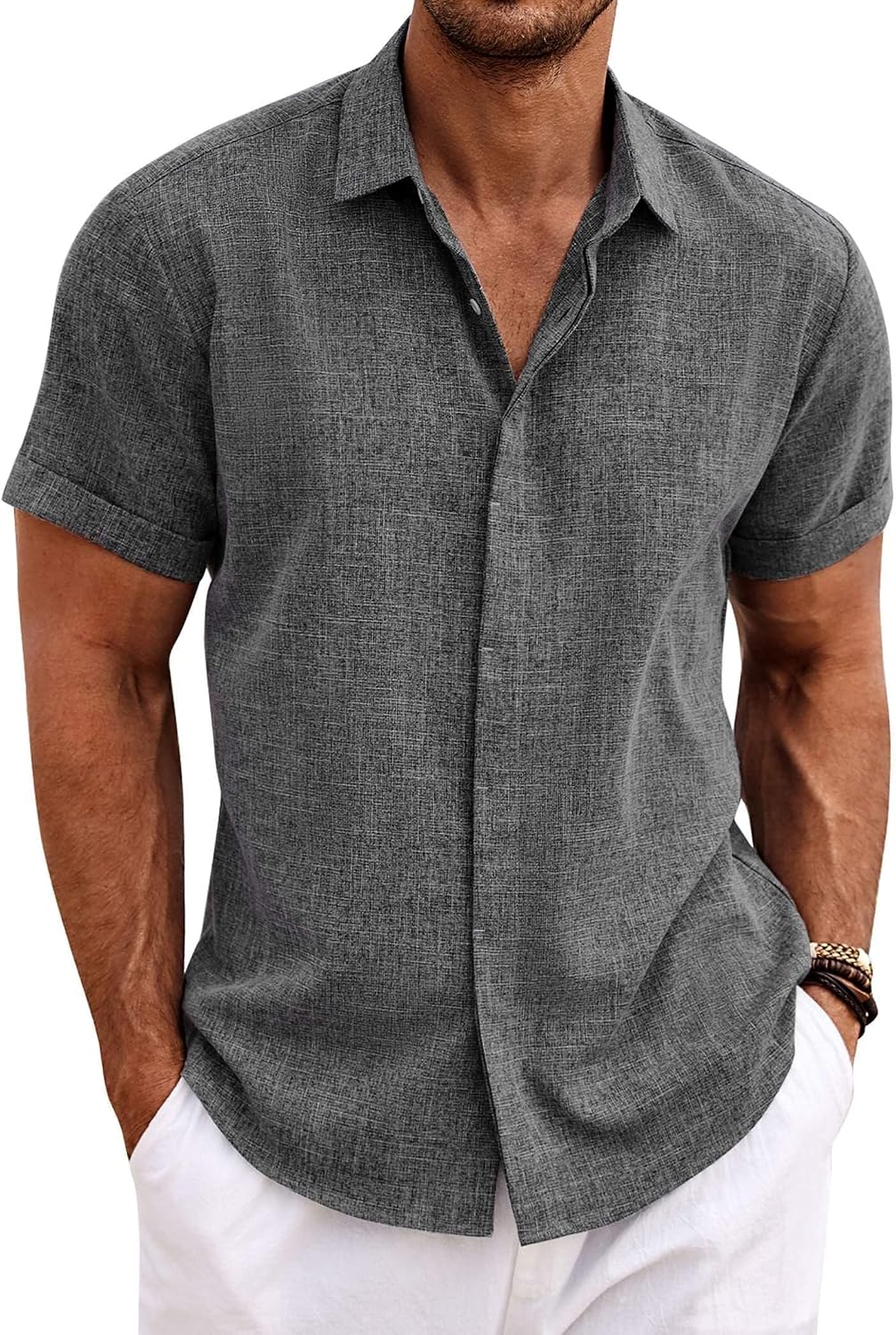 COOFANDY Men's Linen Wedding Shirts - Short Sleeve. Button Up. Casual. Relaxed-Fit Dark Grey