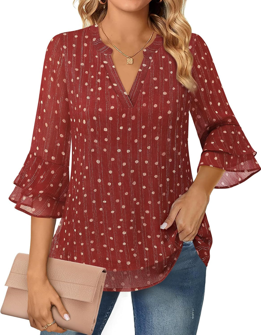Chiffon Blouse - 3/4 Sleeve Womens Tops - Blouses for Women Business Casual Professional Formal Tops Junior Job Interview Clothing Spring Peasant Funeral Attire
