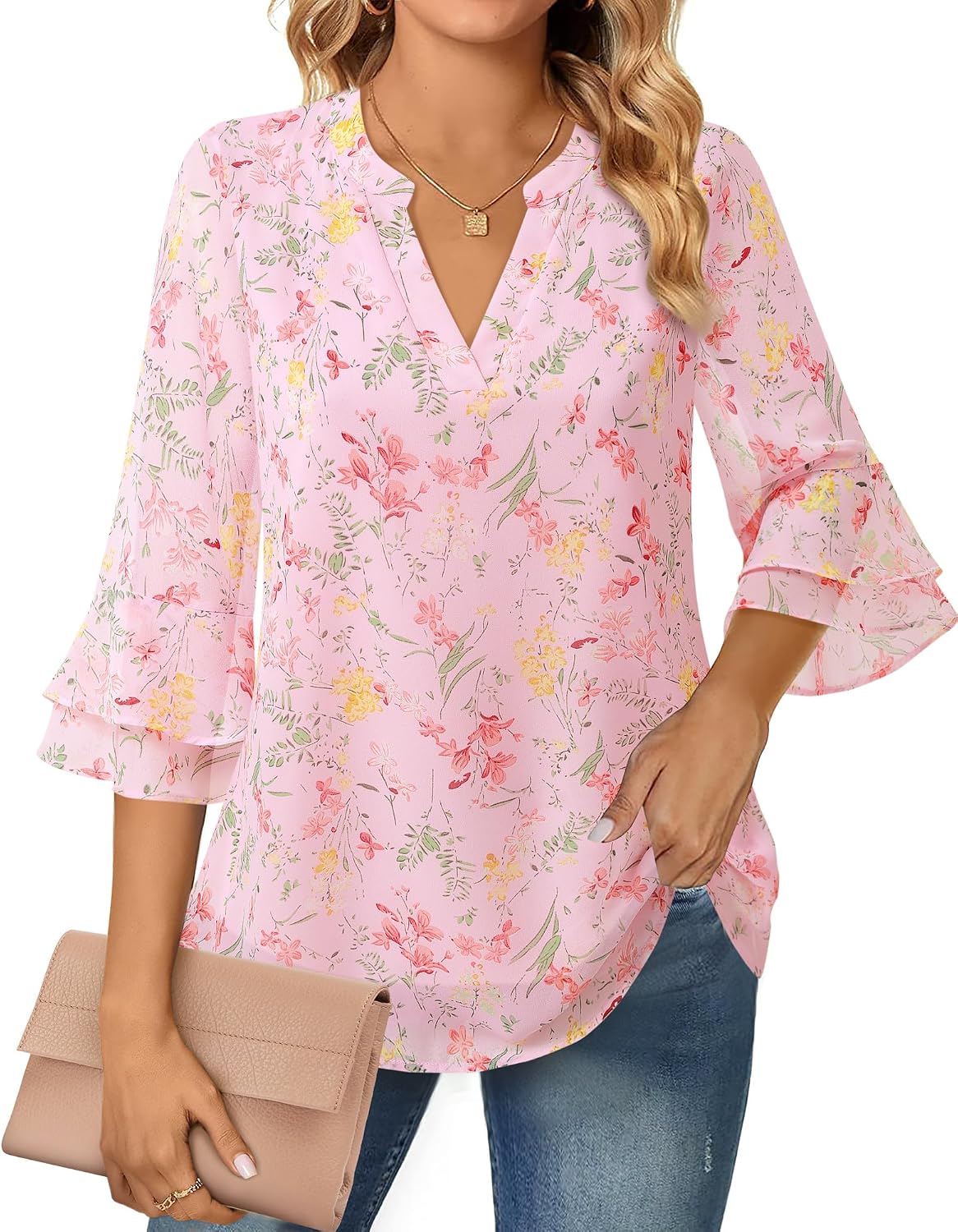 Chiffon Blouse - 3/4 Sleeve Womens Tops - Blouses for Women Business Casual Professional Formal Tops Junior Job Interview Clothing Spring Peasant Funeral Attire