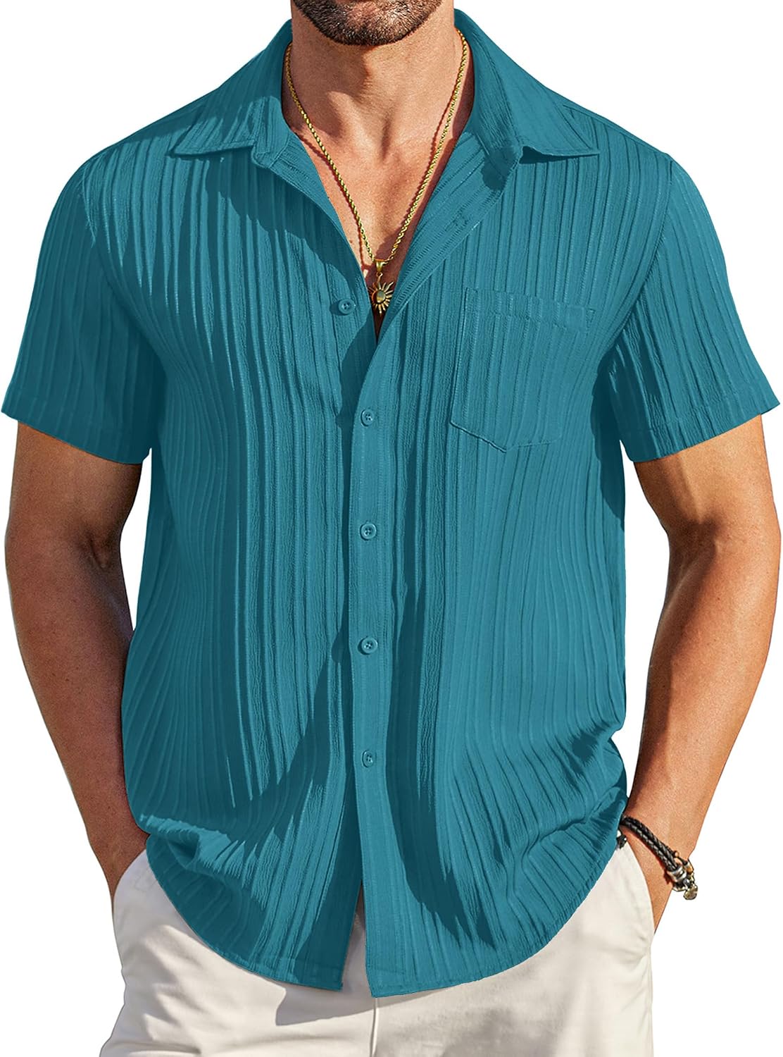 COOFANDY Men's Summer Linen Shirts Short Sleeve Button Down Shirts for Men Fashion Beach Casual Shirt A-White