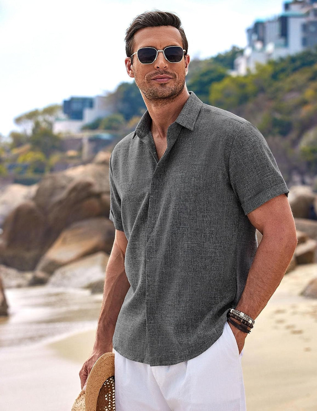 COOFANDY Men's Linen Wedding Shirts - Short Sleeve. Button Up. Casual. Relaxed-Fit Dark Grey