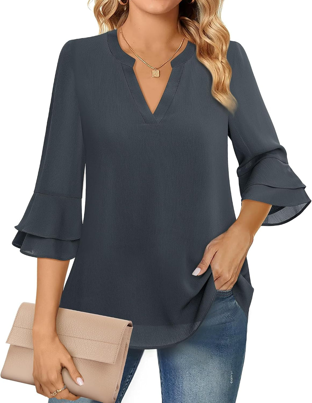Chiffon Blouse - 3/4 Sleeve Womens Tops - Blouses for Women Business Casual Professional Formal Tops Junior Job Interview Clothing Spring Peasant Funeral Attire