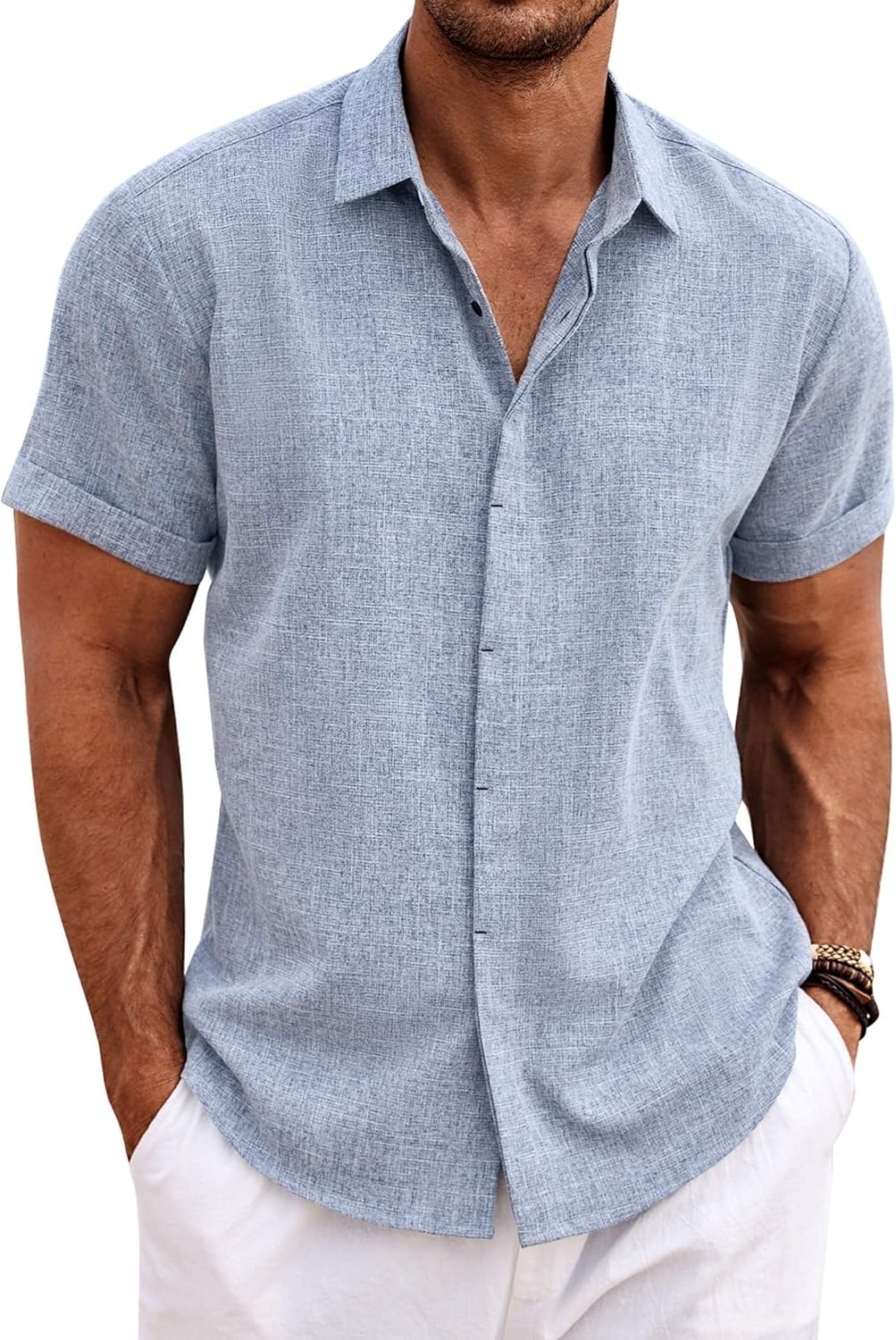 COOFANDY Men's Linen Wedding Shirts - Short Sleeve. Button Up. Casual. Relaxed-Fit Dark Grey