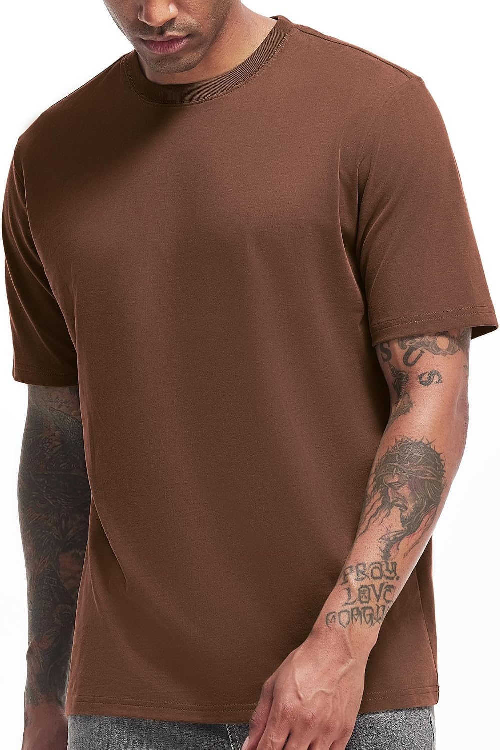 VEIISAR Men's Heavy Weight Crew Neck T-Shirt Mens Premium Cotton Tee Khaki XL
