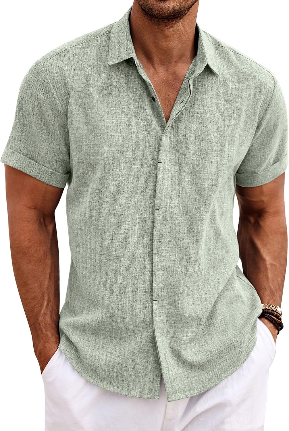 COOFANDY Men's Linen Wedding Shirts - Short Sleeve. Button Up. Casual. Relaxed-Fit Dark Grey