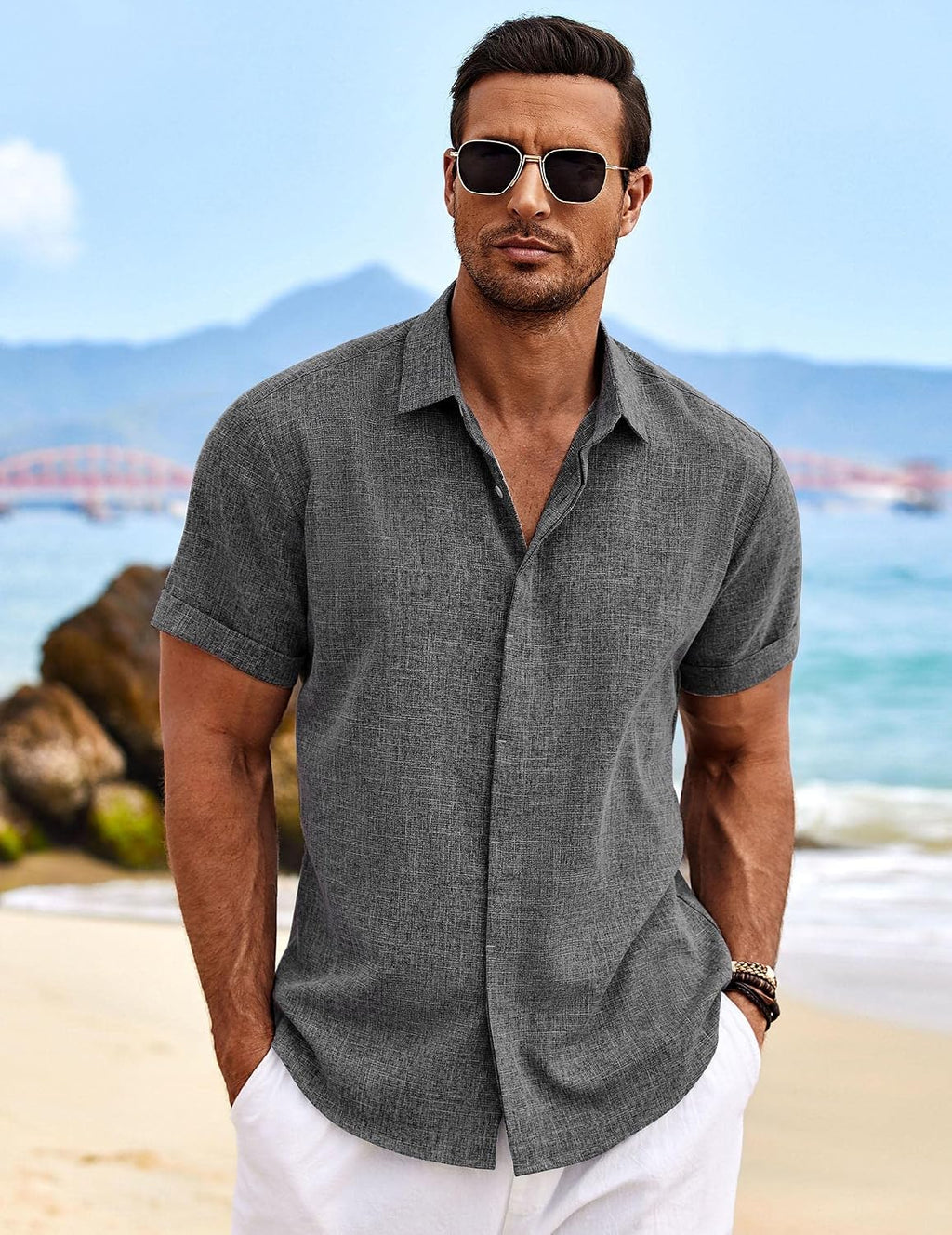 COOFANDY Men's Linen Wedding Shirts - Short Sleeve. Button Up. Casual. Relaxed-Fit Dark Grey