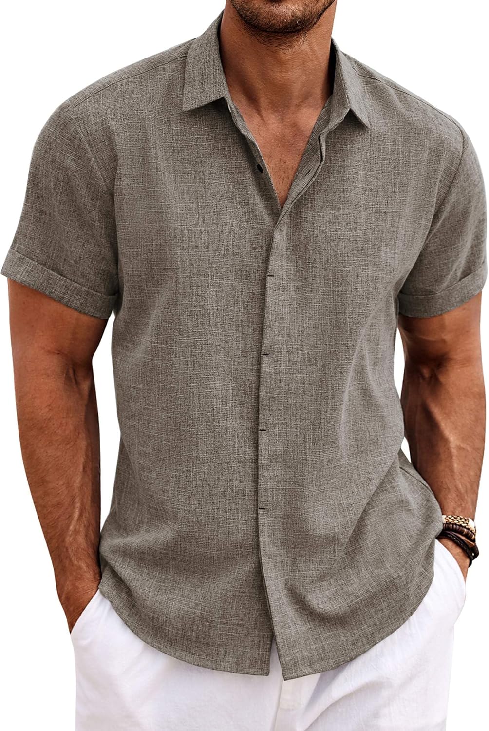 COOFANDY Men's Linen Wedding Shirts - Short Sleeve. Button Up. Casual. Relaxed-Fit Dark Grey
